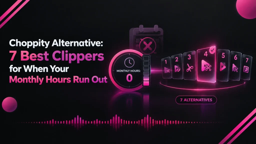 Choppity alternative graphic by Klyply showing a monthly hours counter at zero and 7 AI video clippers