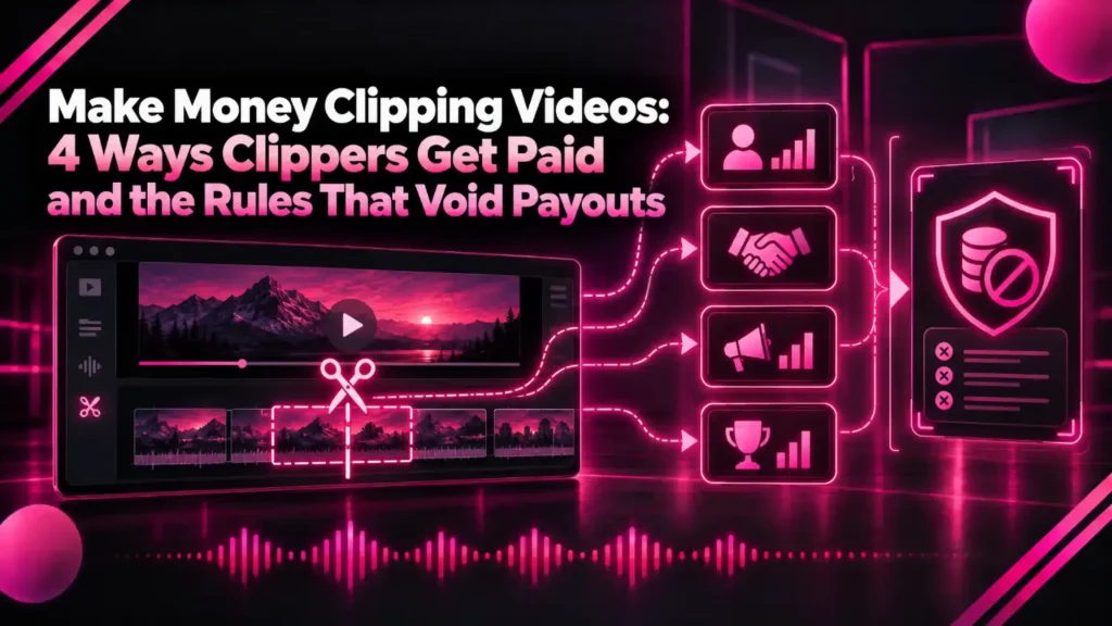 Make money clipping videos: a clip cut from a video timeline feeding four payout routes and a shield marking the rules that void payouts