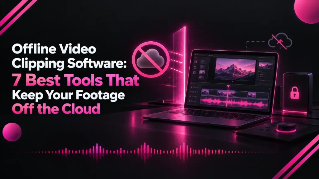 Offline video clipping software: a laptop editing video on a timeline beside a crossed-out cloud and a padlock