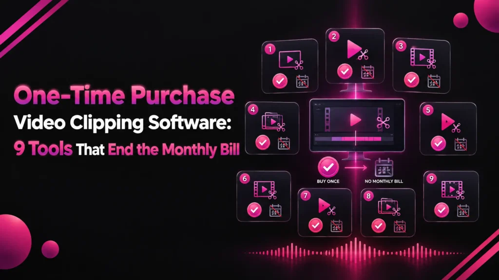 One-time purchase video clipping software graphic by Klyply showing 9 tools marked buy once and no monthly bill