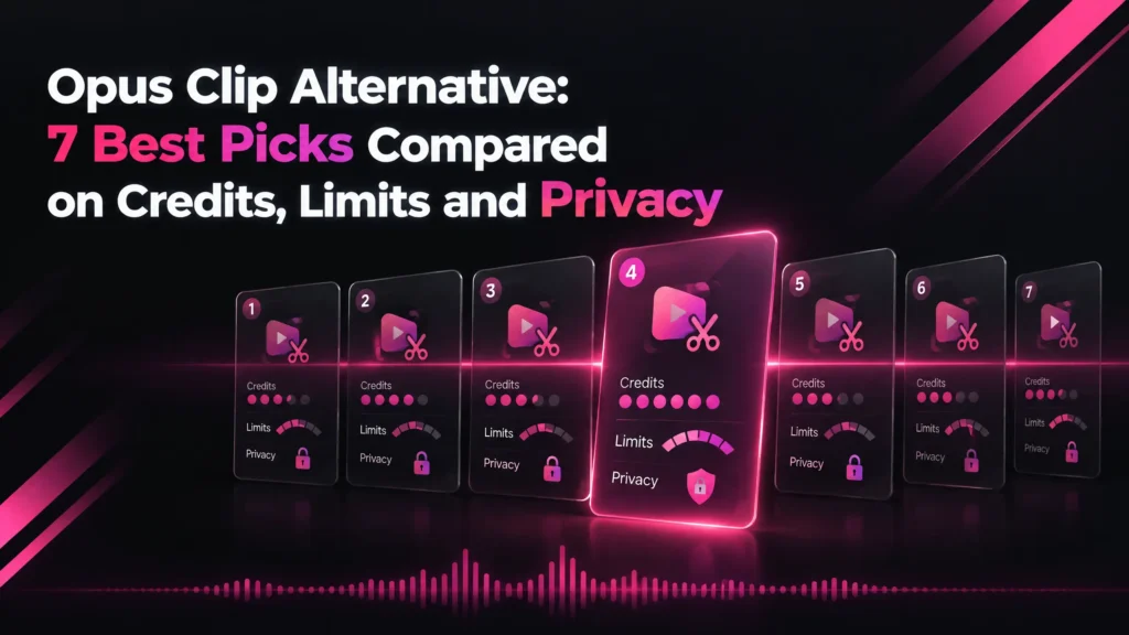 Opus Clip alternative comparison graphic by Klyply showing 7 AI clipping tools rated on credits, upload limits and privacy
