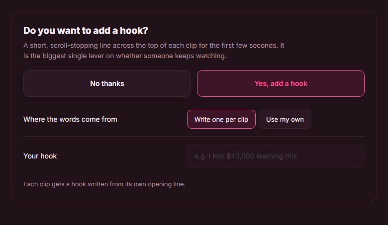 Klyply hook step for short video hook ideas, with the hook title shown over the first seconds of each clip