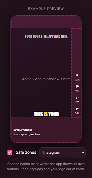 Klyply live vertical preview showing captions, hook and logo placement before an offline render