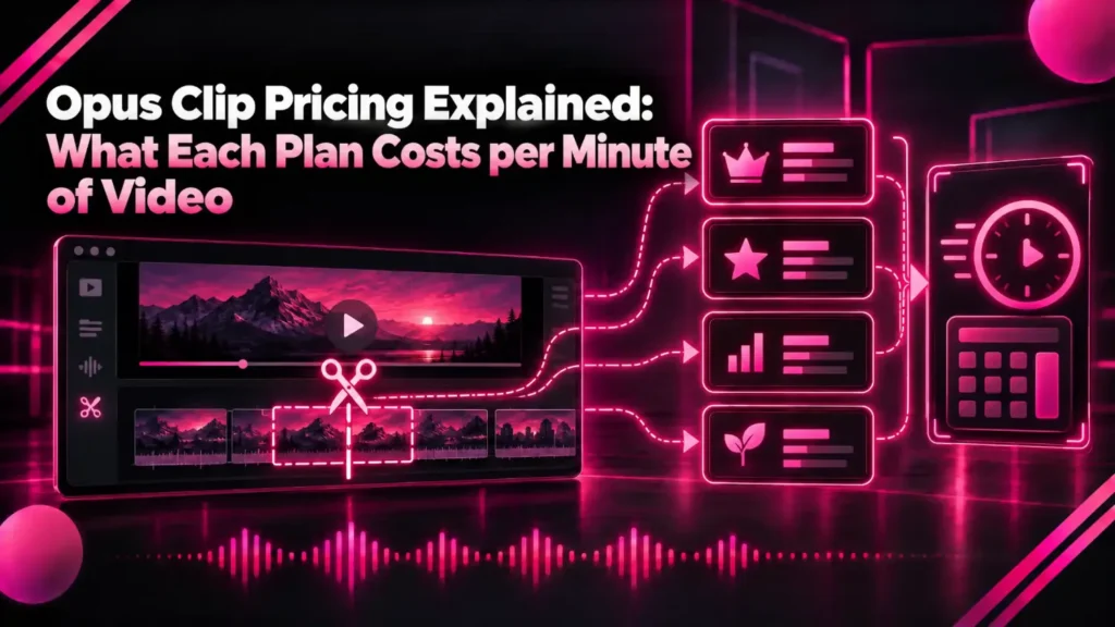 Opus Clip pricing explained: a video timeline feeding four plan tiers and a calculator showing cost per minute