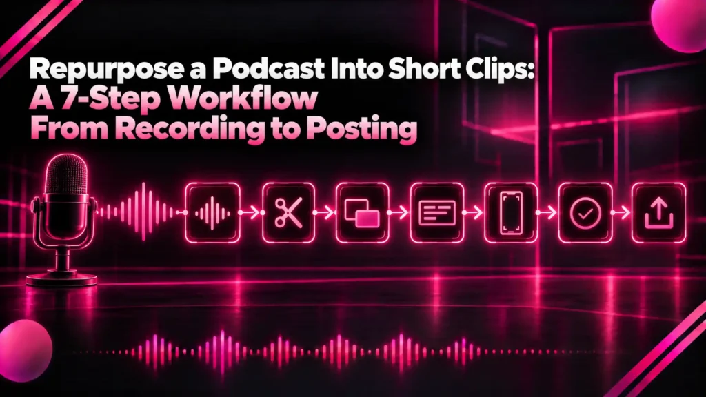 Repurpose a podcast into short clips: a microphone and sound wave leading into seven steps from recording to posting
