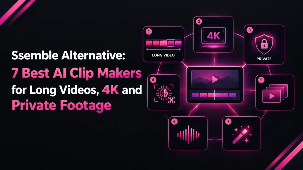 Ssemble alternative graphic by Klyply showing 7 AI clip makers for long videos, 4K exports and private footage