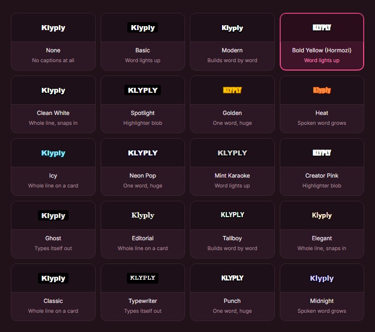 Klyply caption style picker used to burn captions into video, showing animated presets such as Bold Yellow, Spotlight, Neon Pop and Typewriter