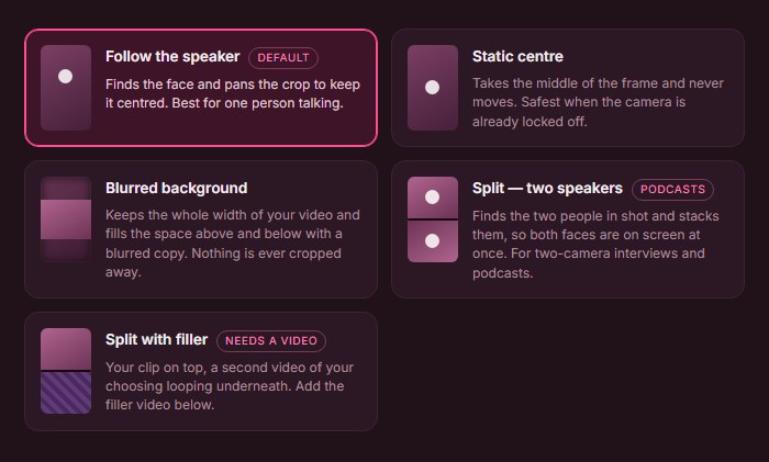 Klyply framing step for sermon clips, with follow the speaker to keep the preacher in a vertical crop, split screen and blurred background