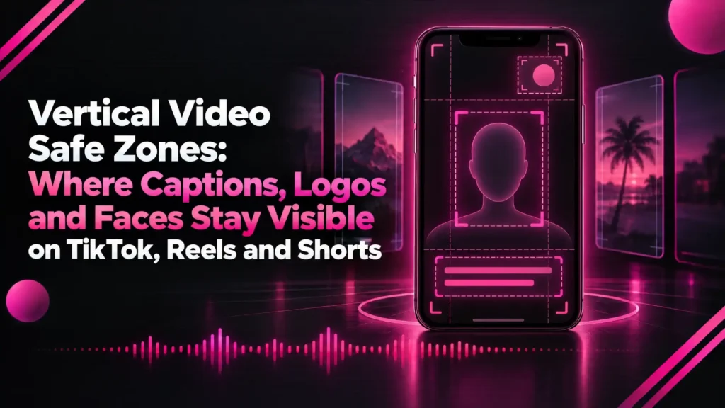 Vertical video safe zones on a phone screen, with a face frame in the middle, a logo box at the top and a caption band near the bottom