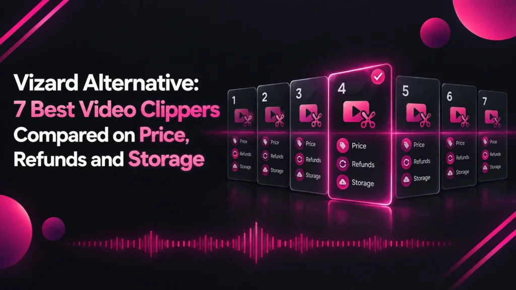 Vizard alternative graphic by Klyply showing 7 video clippers compared on price, refunds and storage