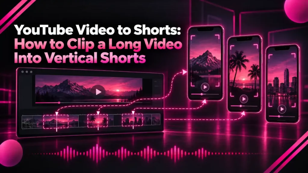 YouTube video to Shorts: a long landscape video on a timeline with three marked moments becoming three vertical Shorts
