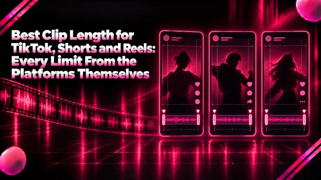 Best clip length for TikTok, Shorts and Reels: three vertical phone screens, each with a trimmed clip and its length markers