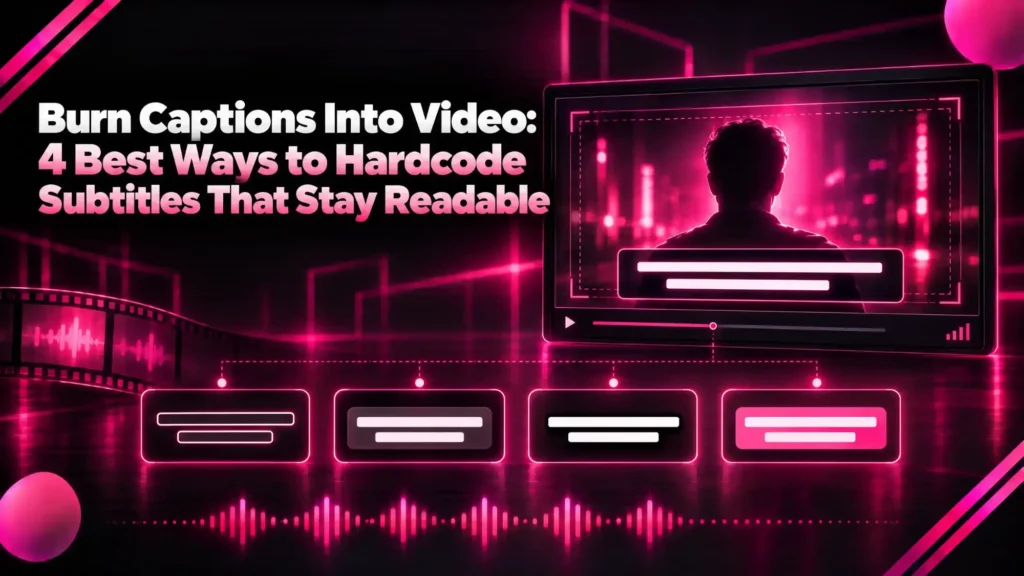 Burn captions into video: a screen with captions across a speaker and four caption style boxes beneath it