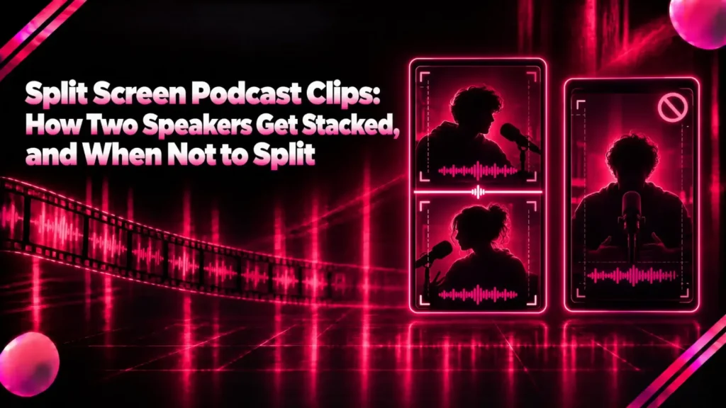 Split screen podcast clips: two podcast speakers stacked in one vertical frame beside a single-speaker frame marked no split