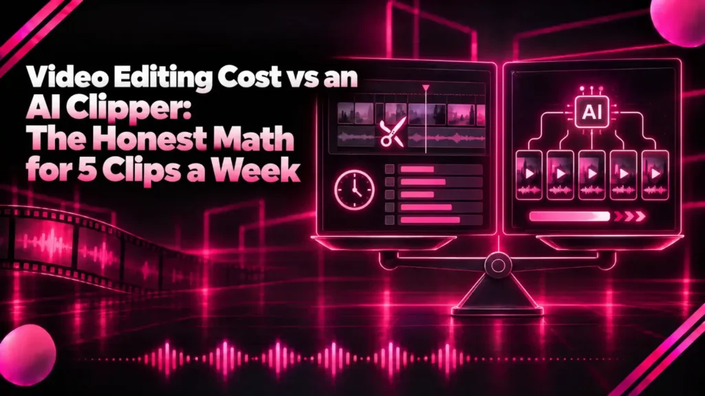 Video editing cost vs an AI clipper: a balance with a manual editing timeline and clock on one side and an AI clipper making five clips on the other